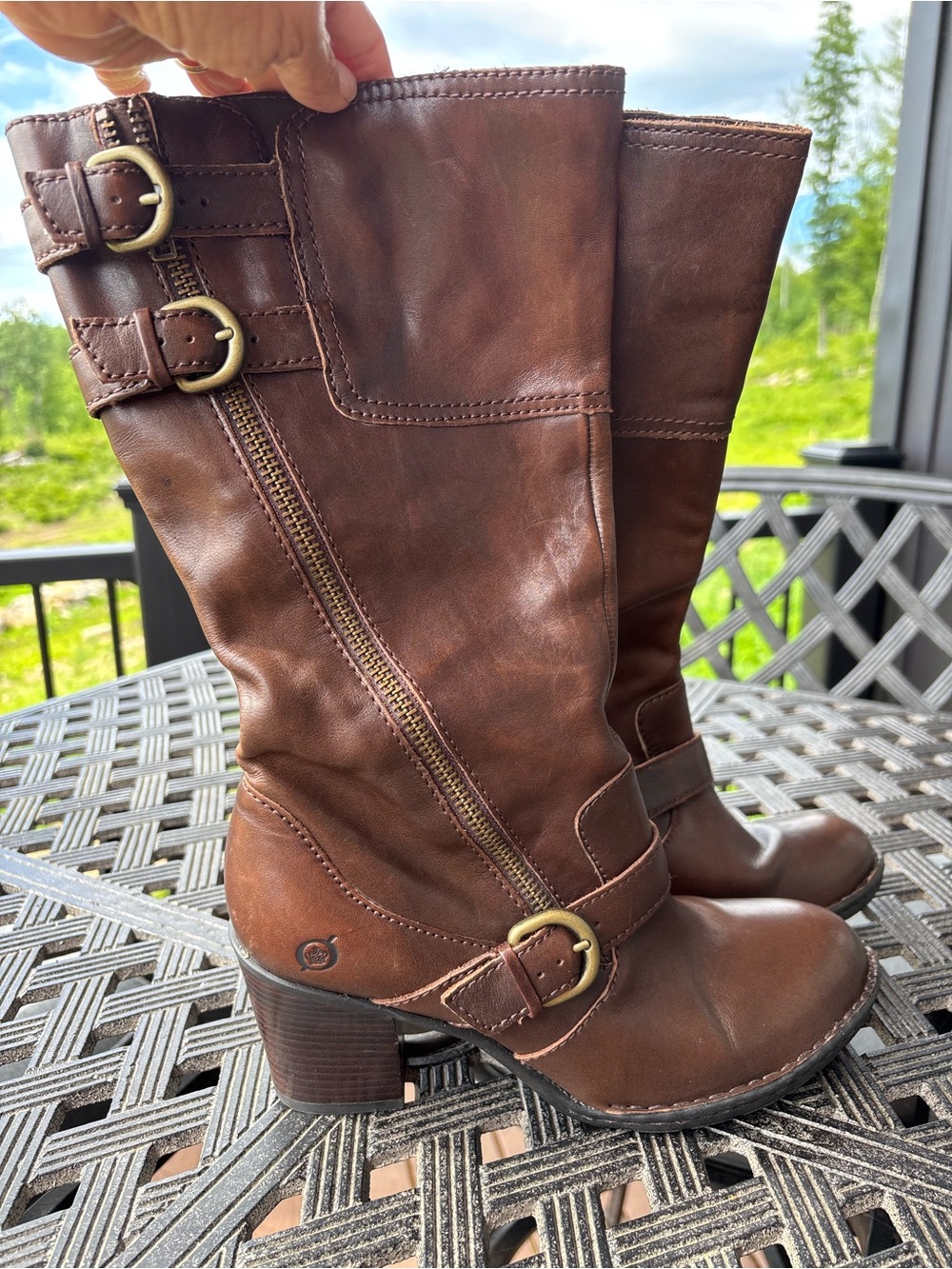 BORN Treddy Leather Moto Heeled Boots, Brown Leather, Mid Calf, Flannel Lined, 9
